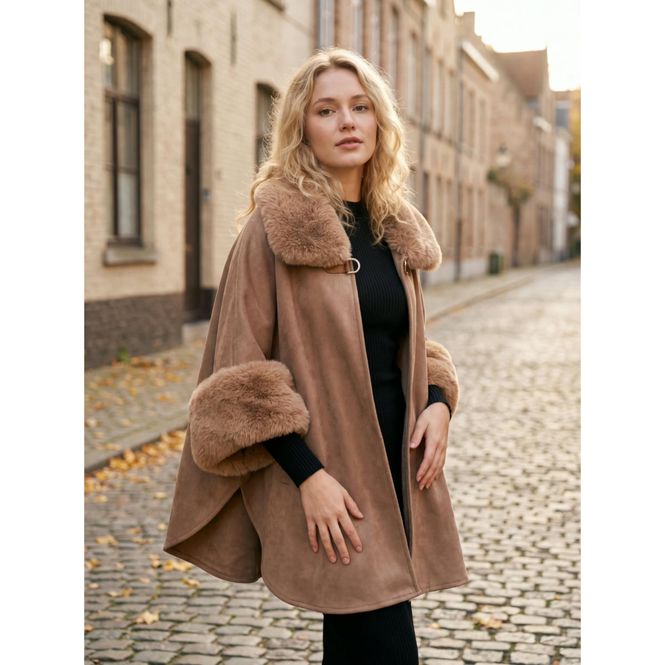 Hovedbilde PO51059 Poncho m/fuskepels - camel