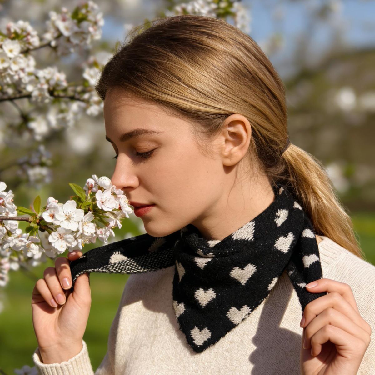 ZY1209  Lite skjerf ull & viscose hjerter - sort